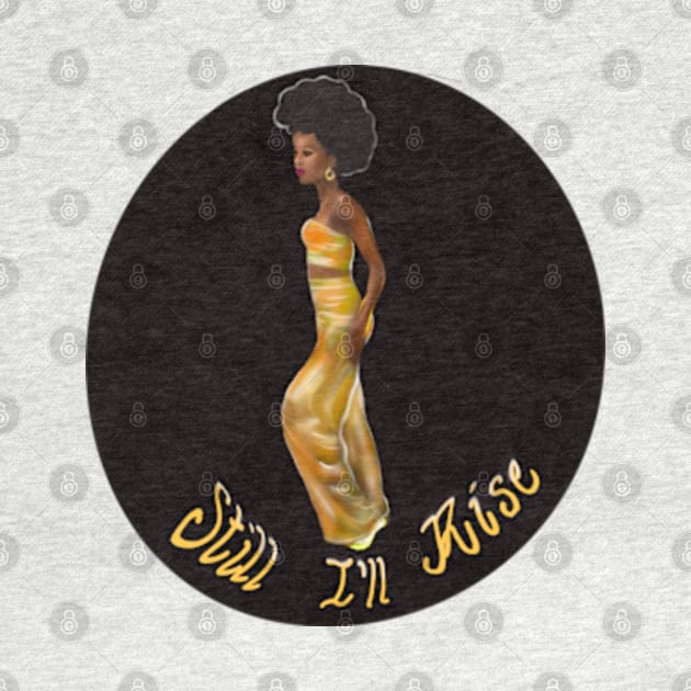 Still I’ll rise -dark background - black girl with Afro hair, shimmering gold dress and dark brown skin side profile. by Artonmytee